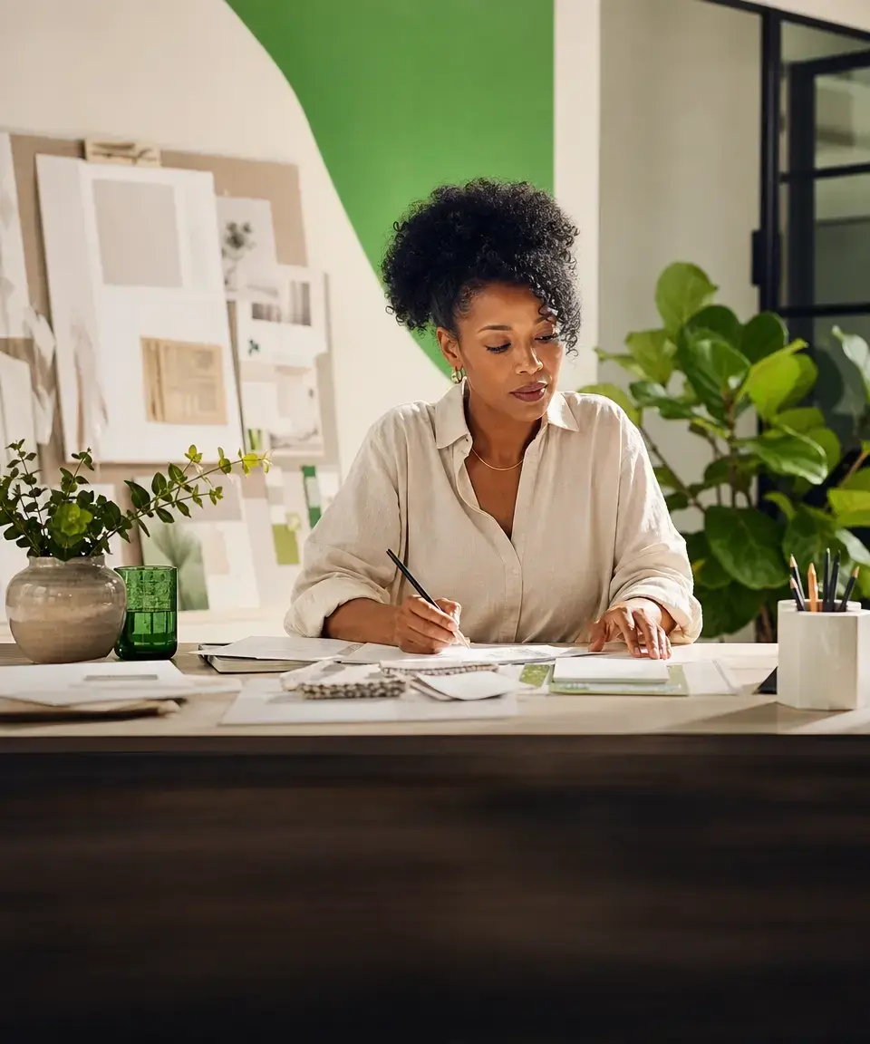 Black entrepreneur planning their next project at a desk in a bright creative studio